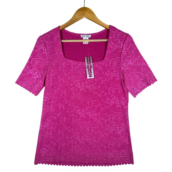 NWT Lace Floral Textured Square Neck Top Hot Pink S Short Sleeve Cottage - Picture 1 of 10
